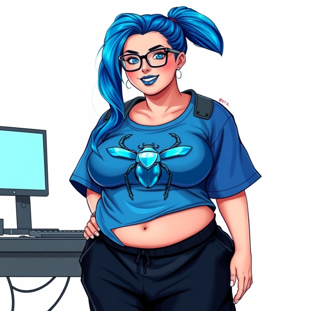 A cyberpunk vigilante's 28-year-old computer science major nerdy, full figured, heavily pampered computer hacker and tech-wiz girlfriend with a long, maximum blue ponytail. She wears maximum blue lipstick and has bright blue eyes. Her outfit includes an oversized, maximum blue t-shirt (accentuating her gargantuan midsection) featuring a maximum blue gemstone beetle chest emblem. She sports black eyeglasses, black sweatpants, with a beaming smile and neon red blush. Her full figure reflects the doting care of her vigilante boyfriend. As her boyfriend's tech-wiz, she primarily works in his hideout, operating from her workbench and her computer desk. The background is solid white. She has a prominent, round, gargantuan midsection. She is drawn as if she was in a retro 2D cyberpunk fighting game.