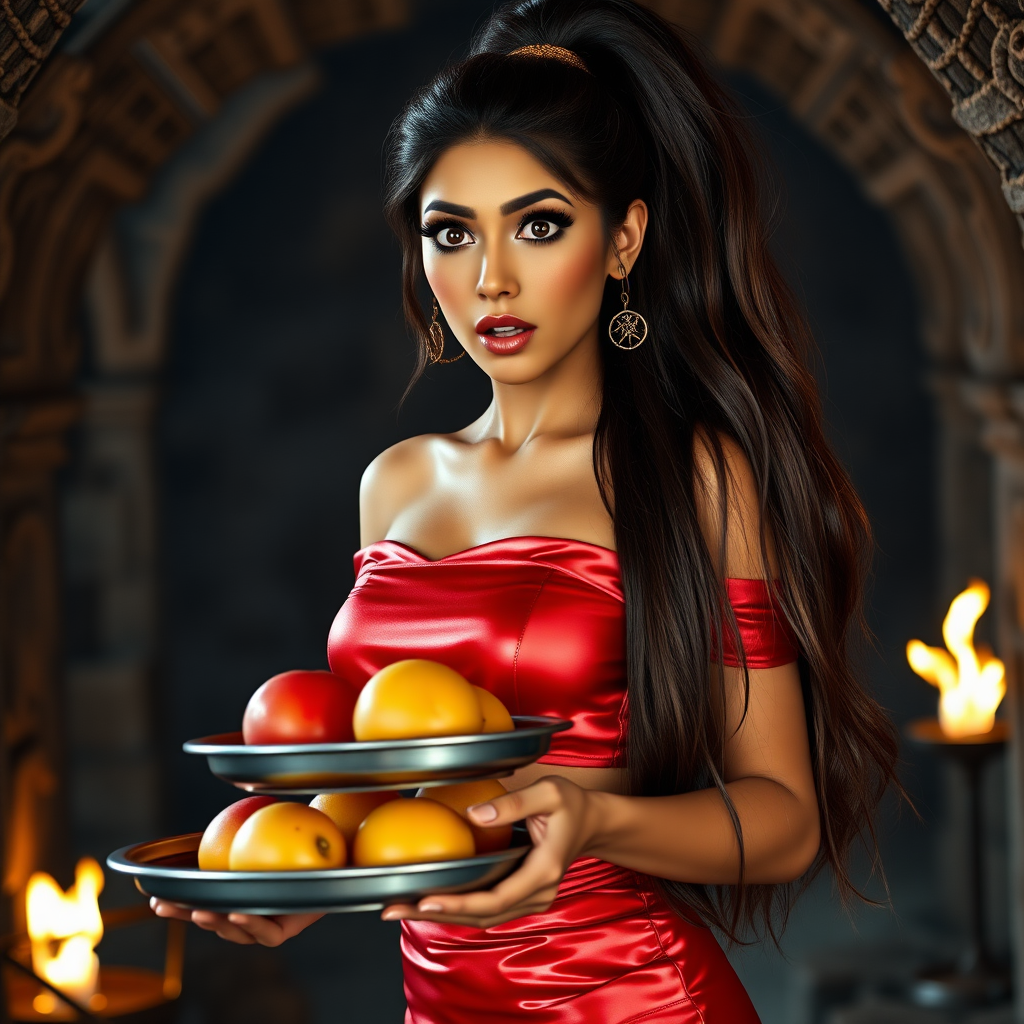 realistic photo of a surprised Arabian model with mouth open looking at the camera. She has very large eyes, black eyeshadow, black eyeliner, fake eyelashes, very tanned skin, very long hair. very high ponytail, she looks like princess jasmine, shiny red off shoulder crop top. photo realistic. She holds a metal tray with fruits just above her waist. crop top, shiny red skirt. full body view. shiny red pencil skirt. dungeon with fire torches in the background.