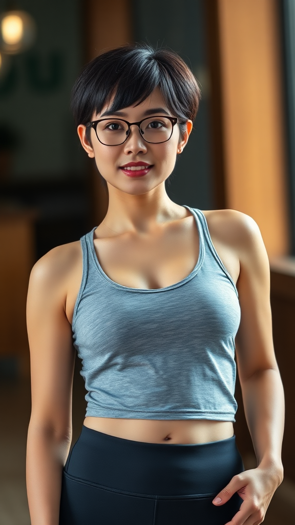 A beautiful Chinese woman, short hair, wearing glasses, curvy figure, small chest, yoga pants, tank top.