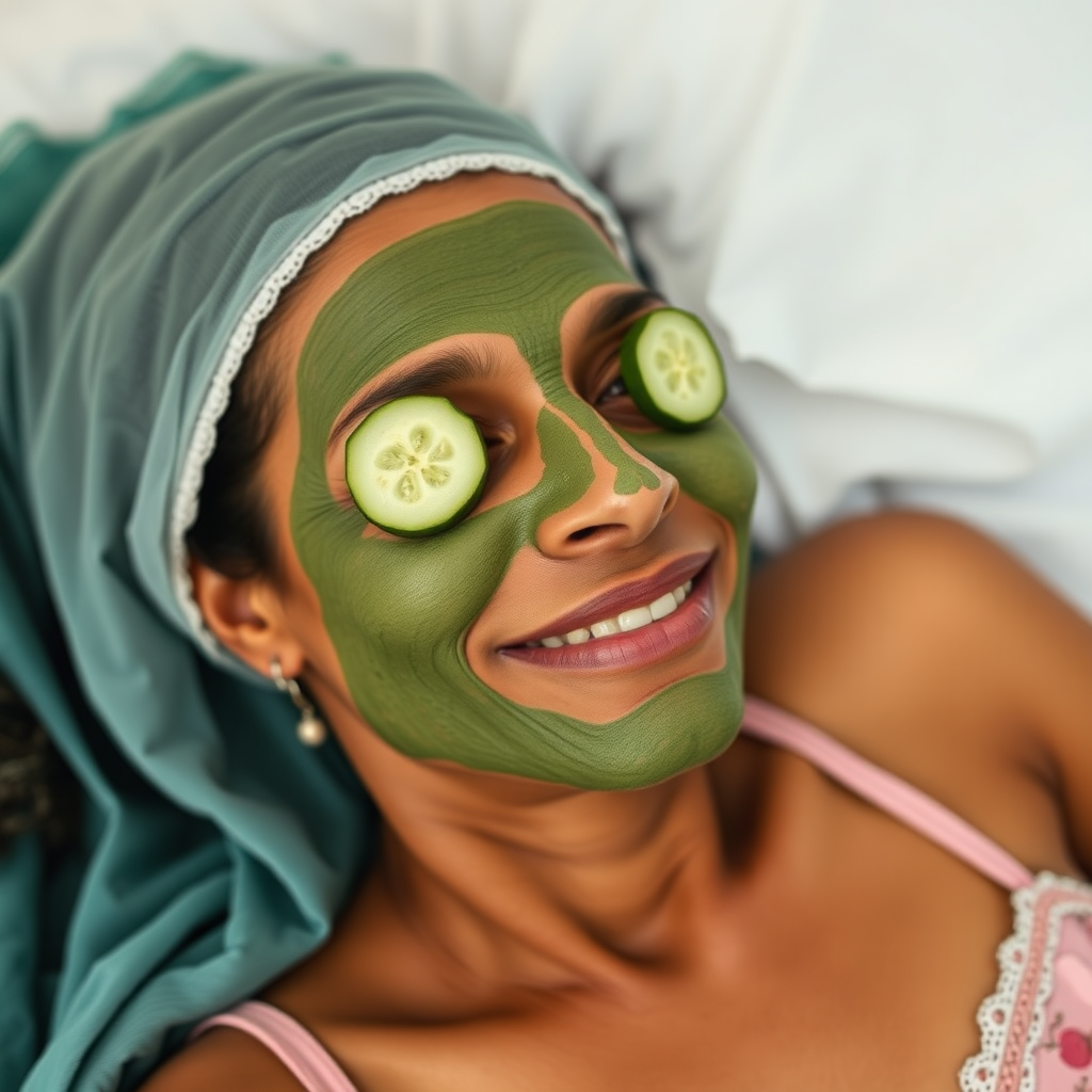 A skinny, traditional, 30 year old Indian wife with hair covering, wearing a bra, lying on a bed. Her face is covered with a green face mask, and her eyes are covered with cucumber slices. She looks satisfied from her facial expression.