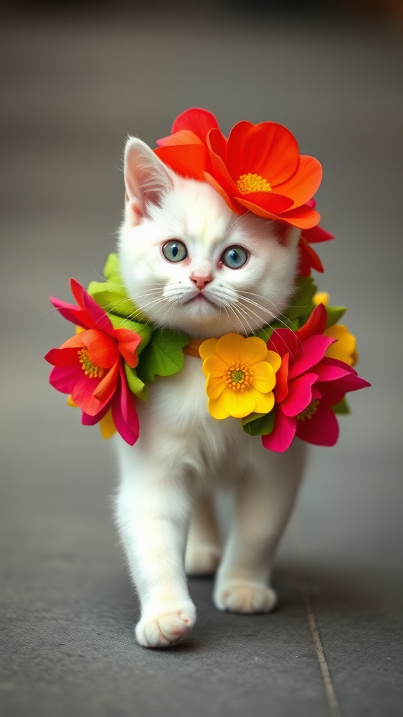 A little white cat walking on two paws wearing a colorful flower costume doing a ramp walk.