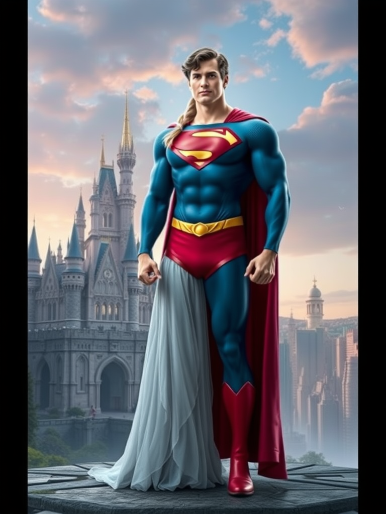 Generate a full-length image of Princess Aurora with the body type of Superman, while keeping her head intact. Make modifications to her body traits, such as enhancing her muscular structure, to match Superman's physique. Additionally, create an appropriate background that suits both characters, such as a blend of a fairytale castle and a futuristic cityscape. Please ensure the image is detailed, well-lit, and visually appealing.