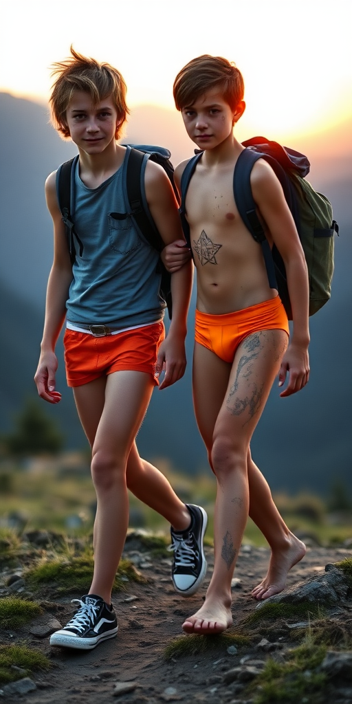 A tall skinny 13yo teen boy, brunette, long layered haircut with a messy hair, wearing a denim tight booty shorts, a crop top, Black converse all star shoes, with a hiking backpack on his shoulder, he is helping another skinny 14yo teen boy to walk back to his camp. The second boy is wearing tight orange briefs, he is dirty, covered with mud, barefoot. They are walking in the mountain, at sunset. Both of the boys are looking at the camera. long legs, bare thighs. Vintage photograph, 1980s.