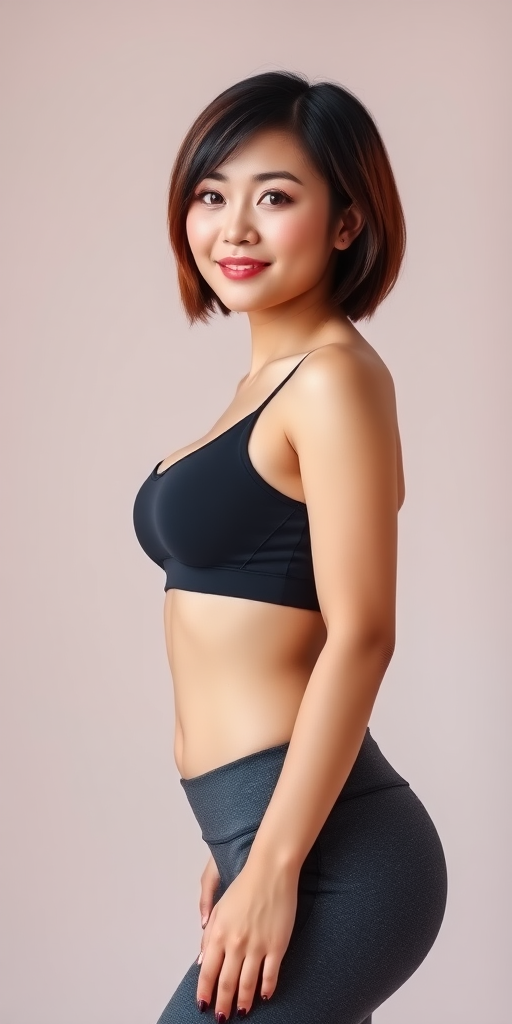 A beautiful Chinese woman, short hair, curvy figure, small chest, yoga pants.