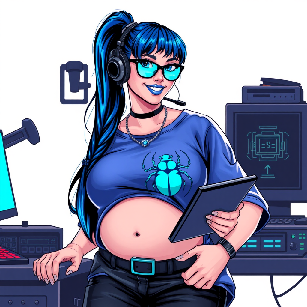 A cyberpunk vigilante’s full-figured intelligent and tech-savvy 28-year-old girlfriend, who is a computer hacker and tech genius. She has a long maximum blue ponytail. She wears maximum blue lipstick, blue eyes, a sapphire beetle gemstone necklace, sapphire earrings, black eyeglasses, and an oversized maximum blue t-shirt featuring a blue sapphire gemstone crusted chest icon of a beetle. She has a full-figured physique with a prominent, round belly, reflecting her well-cared-for lifestyle. She sports a sapphire headset with a hi-tech maximum turquoise lensed HUD, and a beaming smile. She serves as his tech expert from his hideout, diligently working at her workbench and computer desk, while holding an electronic wrench and a holographic computer tablet. The background is solid white. She is drawn as if she was in a retro 2D cyberpunk fighting game. Ensure her maximum blue t-shirt covers her belly.