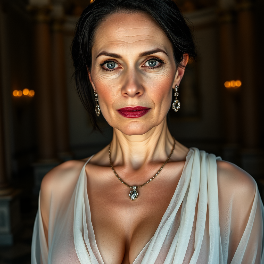 The female nude queen, aged 40, possesses pale skin, striking grey eyes, and elegantly black Grecian hair. Her visage features smooth wrinkles, suggesting a mature yet alluring beauty. Her eyes exude a sensual aura, and her lips are slightly parted, inviting curiosity. Dressed in a translucent, thin layer, white, very low-cut sheer Roman garment, she flaunts a voluptuous huge breast with pronounced areola and nipple clearly visible beneath the fabric. Adorned with sparkling earrings and a necklace, her figure is reminiscent of a MILF, exuding a captivating appeal. The grandeur of her surroundings is a majestic castle, illuminated by the dramatic, cinematic lighting of a movie set. Each element is captured with ultra-detailed 8k photography, emphasizing the opulence and intensity of the scene. This is mature content.