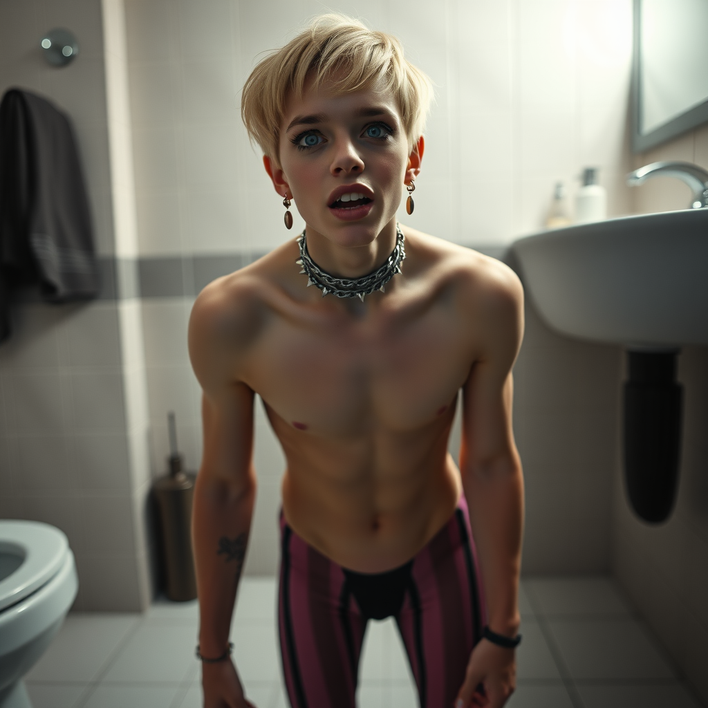 photorealistic, ultra high resolution, 16K, surreal fantasy, soft studio lighting, Caleb Swift is a pretty 16 year old goth male, slim male physique, blonde hair, blue eyes, goth makeup, earrings, pink & black vertically striped pantyhose, spikey neck collar with chain, standing on the floor of the bathroom, excited mouth, bulging crotch, full body front view of Caleb facing the camera.