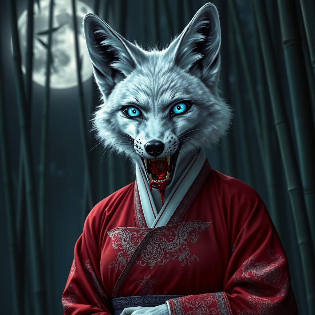 photorealistic eerie-looking silverfox with blue eyes in a ancient female Korean big breasted hanbok with baring teeth with blood on the fox teeth, in front of the full moon in a bamboo forest