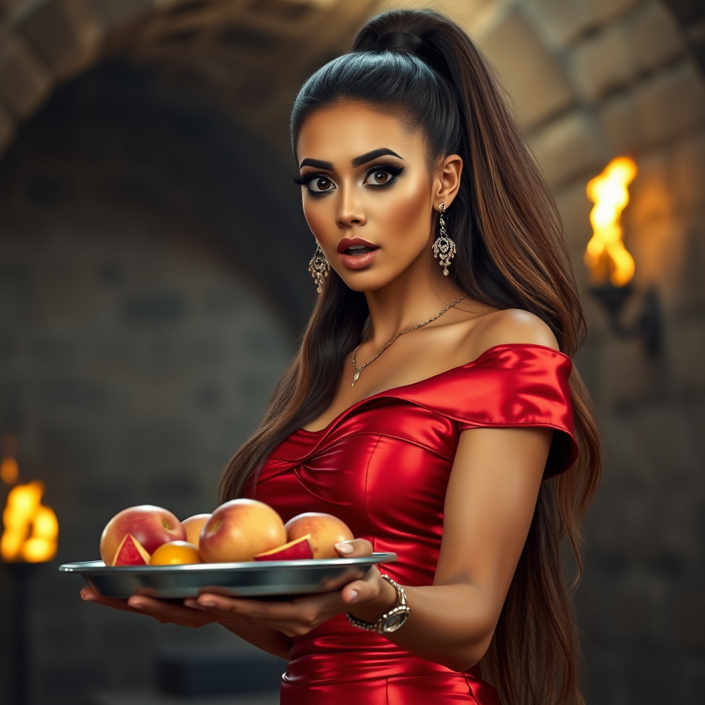 realistic photo of a surprised Arabian model with mouth open. She has very large eyes, black eyeshadow, black eyeliner, fake eyelashes, very tanned skin, very long hair. very high ponytail, she look likes princess jasmine, shinny red off shoulder crop top. photo realistic. She holds a metal tray with fruits just above her waist. crop top, shinny red skirt. full body view. shinny red pencil skirt. dungeon with fire torches in the background.