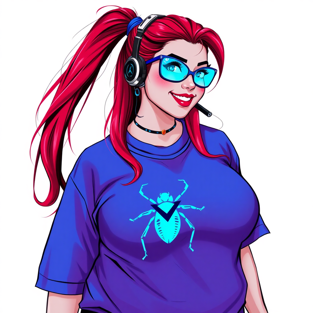 A cyberpunk vigilante’s full-figured intelligent and tech-savvy 29-year-old girlfriend, who is a computer hacker and tech genius. She has a long ruby red ponytail and bright blue eyes. She wears maximum blue lipstick, a sapphire beetle gemstone necklace, sapphire earrings, and an oversized maximum blue t-shirt featuring a neon blue glowing icon of a beetle on its chest. She has a full-figured physique with a prominent, enormous, round midsection, reflecting her well-cared-for lifestyle. She sports a sapphire headset with hi-tech maximum turquoise lensed HUD eyeglasses, and a beaming smile with a passionate bright red blush. Despite her figure and a lack of self-esteem, she radiates beauty. She has a slim face which contributes to her radiant beauty. She serves as his tech expert from his hideout, diligently working at her lab table and computer desk. The background is solid white. She is drawn as if she was in a retro 2D cyberpunk fighting game.