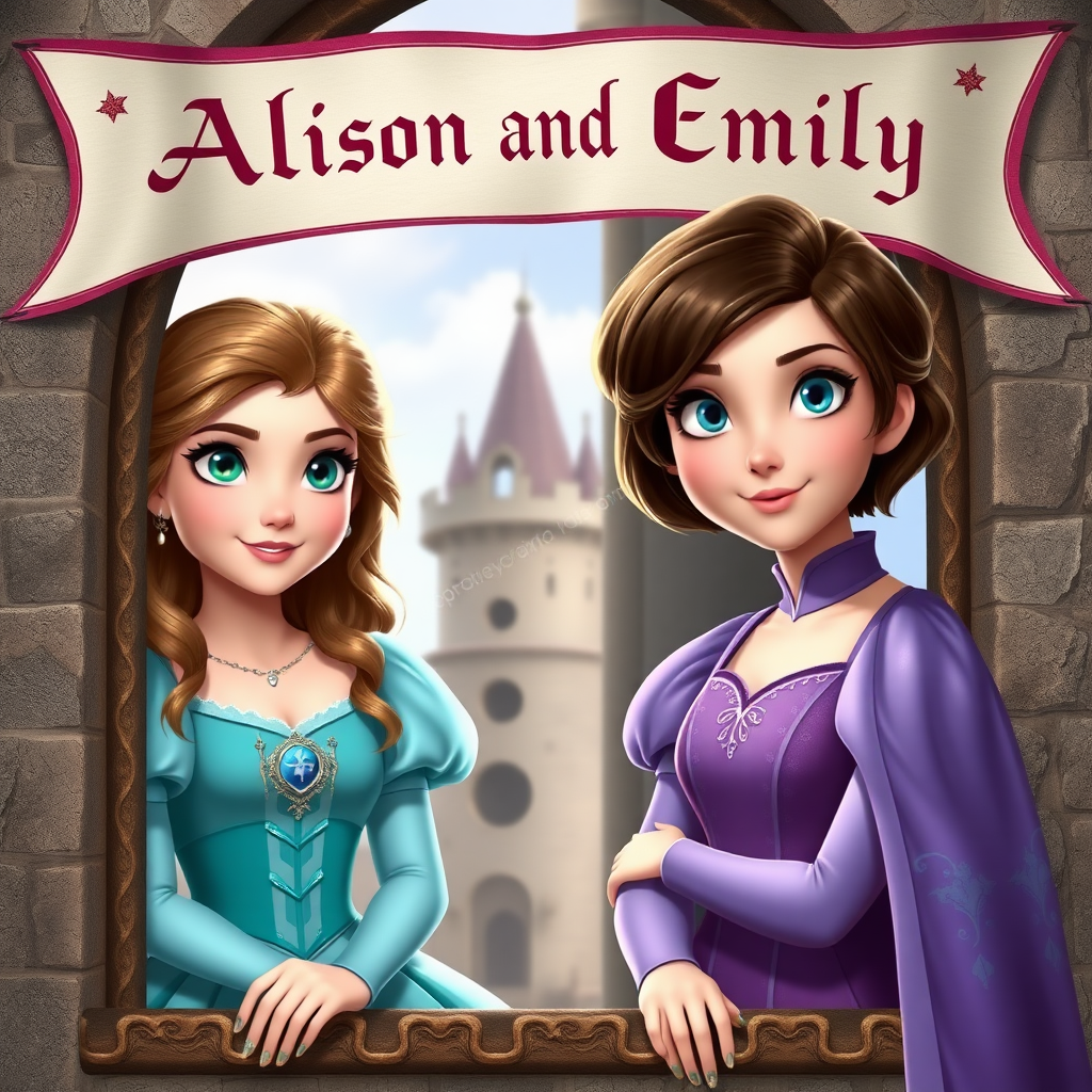 Two photo realistic princesses, one with light brown hair, blue eyes and aqua colored dress and the other with short brunette hair, blue eyes and purple dress peeking out the window of a castle with a medieval banner overhead saying "Allison and Emily"