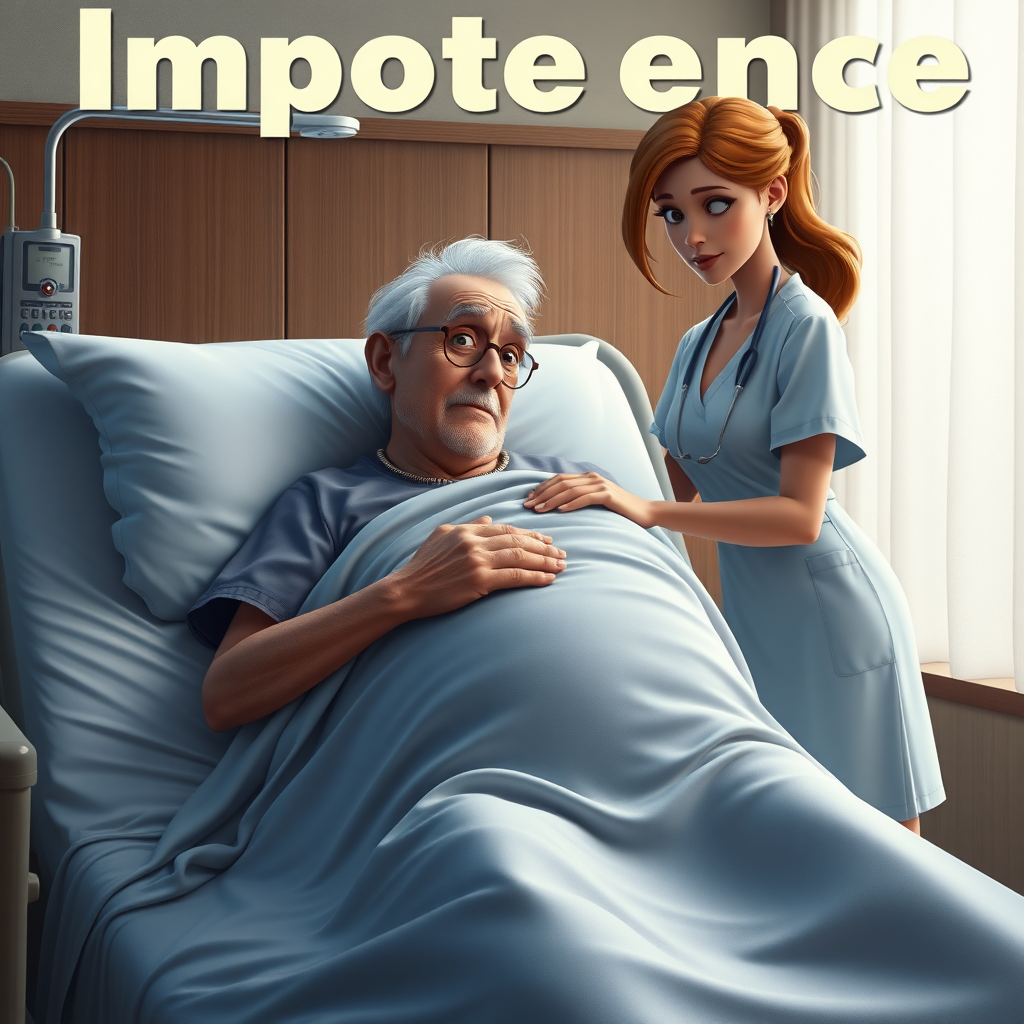 High quality, detailed, Disney 3D style film poster of an old man on a hospital bed with a huge erection under the blanket and a young skinny attractive nurse "impotence"