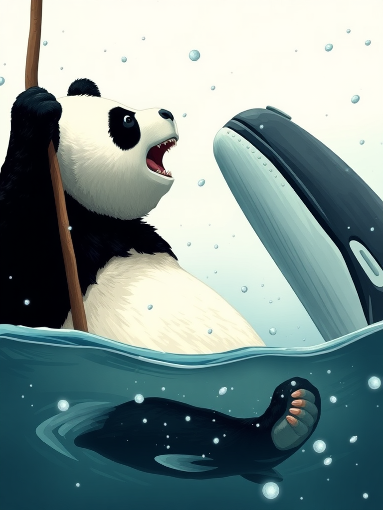 A panda bear reenacting Moby Dick hunting for the great white whale