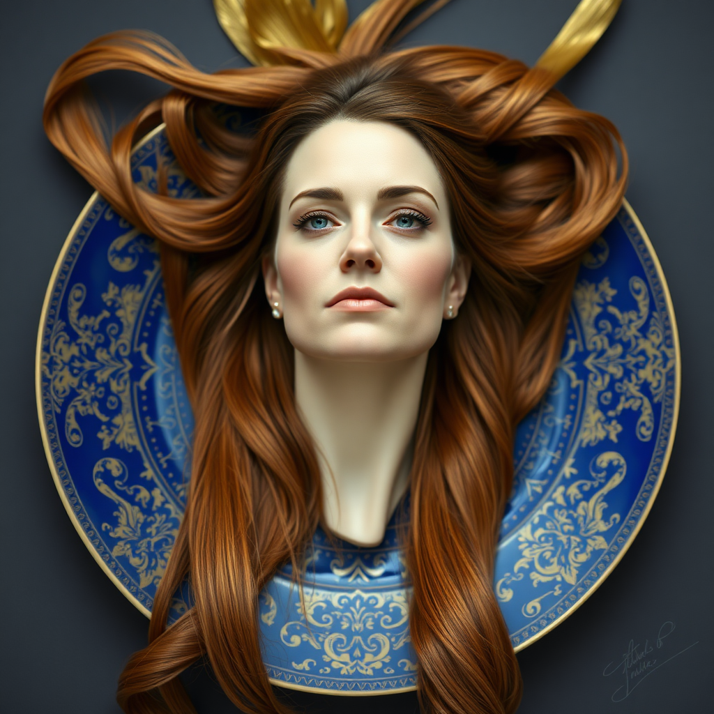 In a bizarre and captivating tableau, a surreal image unfolds: the elegantly poised, disembodied head of Kate Middleton, her features exquisitely refined, rests regally on an ornate porcelain plate. Her long, flowing hair cascades gracefully around the edges of the plate, reminiscent of golden silk streaming through the air. The striking contrast of her porcelain skin against the deep, rich hues of the plate—a royal blue adorned with intricate gold patterns—creates an unsettling yet alluring visual.