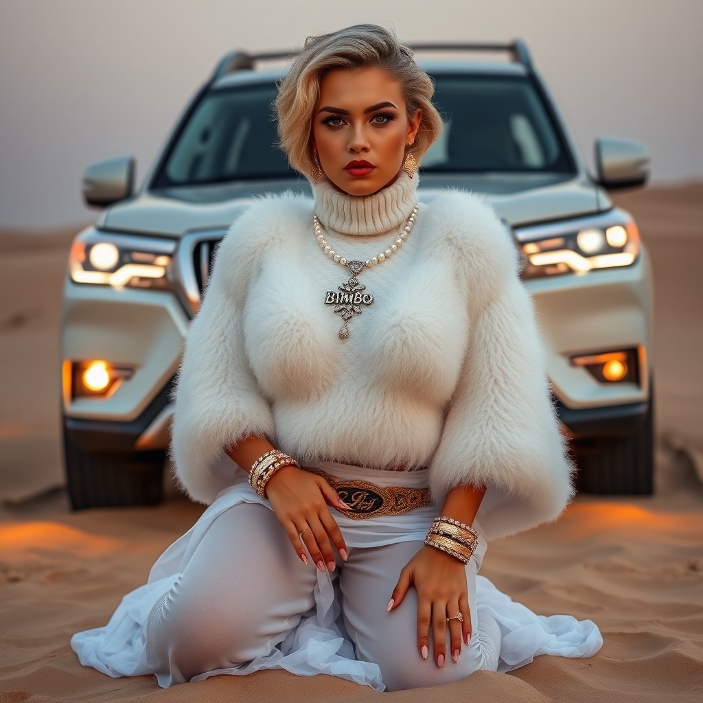 Kuwait desert dunes misty dawn, full size luxury SUV: Melissa, European 17 years old very convincing femboy “trophy-bimbo”, tamed servile docile, very beautiful feminine flawless face, rather short, by hormones very curvaceous womanly figured, platinum blond short tight curls, bold red lips, long white French nails, heavily made-up face, wearing Supertanya-style fluffy very fuzzy bright white angora turtleneck-poncho cropped ending under bust decorated with pearls and glass stones, striking oriental wide gold bridal protection belt, white fully transparent harem pants, full Oriental bridal jewelry including headpiece, nose-ring, coin wristlets, coin anklets, striking diamond “Bimbo” letter brooch on left chest, thick heavy pearl wristlets, pout frustrated, kneeling in sand in front of SUV, looking at camera. Focus on face and turtleneck-poncho.