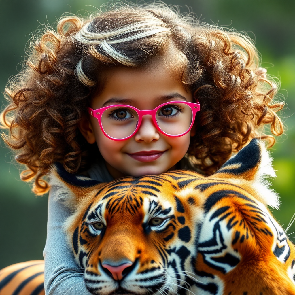 Photo realistic image of a young girl with curly brown hair with blonde streaks, pink rimmed glasses riding her pet tiger.