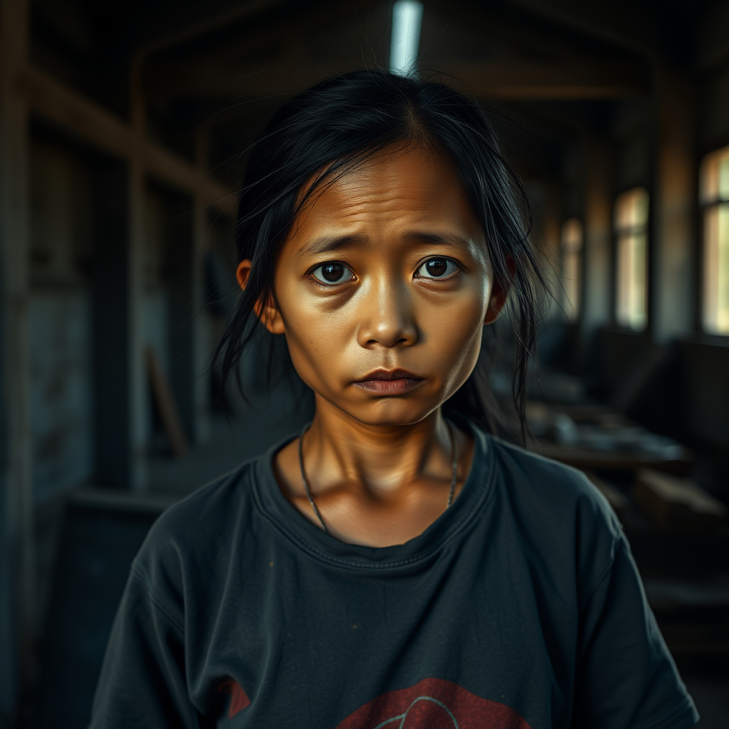 A very sad and hungry Indonesian Twen Girl with a very old T-Shirt in a very dark old and mystery Factory