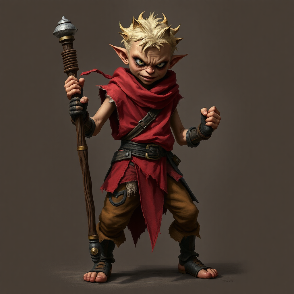 A small, skinny kobald in a tattered red tunic and dirty brown pants holding a quarterstaff in a threatening manner.