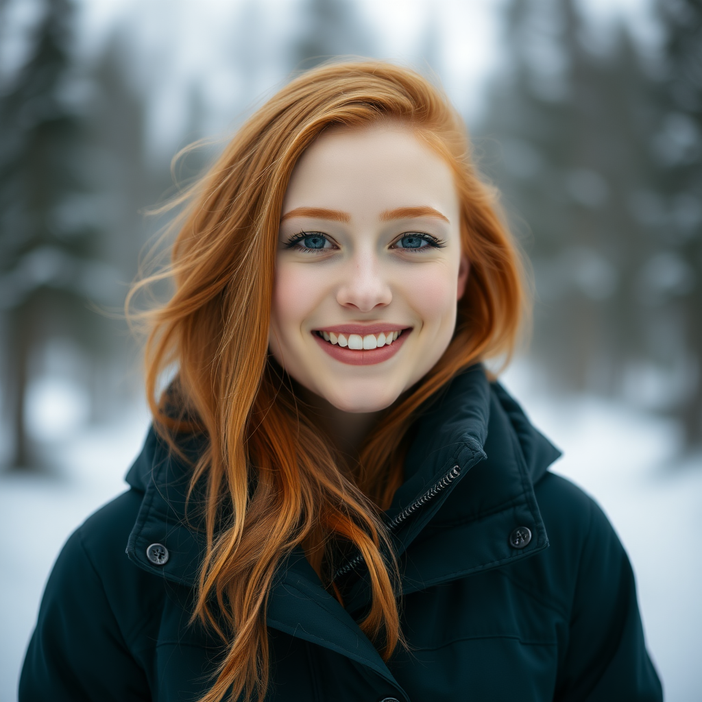 beautiful young woman with lush ginger long hair, full lips, pale skin, on Alaska during winter smiles