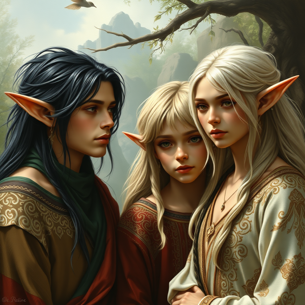 A painting depicting a couple of adult elves with their two teenage sons, all in beautiful elven garments with intricate patterns. photorealistic, ultra high resolution, 16K