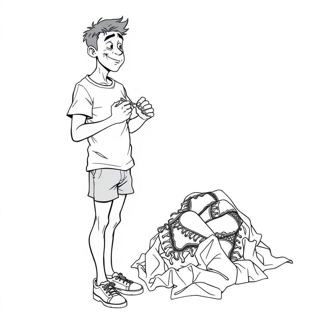 nervous short 20 year old european skinny man, short white t-shirt, standing, stunned, mesmerized, joyful, aroused, heavy drooling, heavy sweating, fumbling through a small heap of sexy woman lingerie, detailed fabric, side view, sneakers, detailed feet, 2D, caricature, cartoon, Sketch lines, coloring book, coloring book