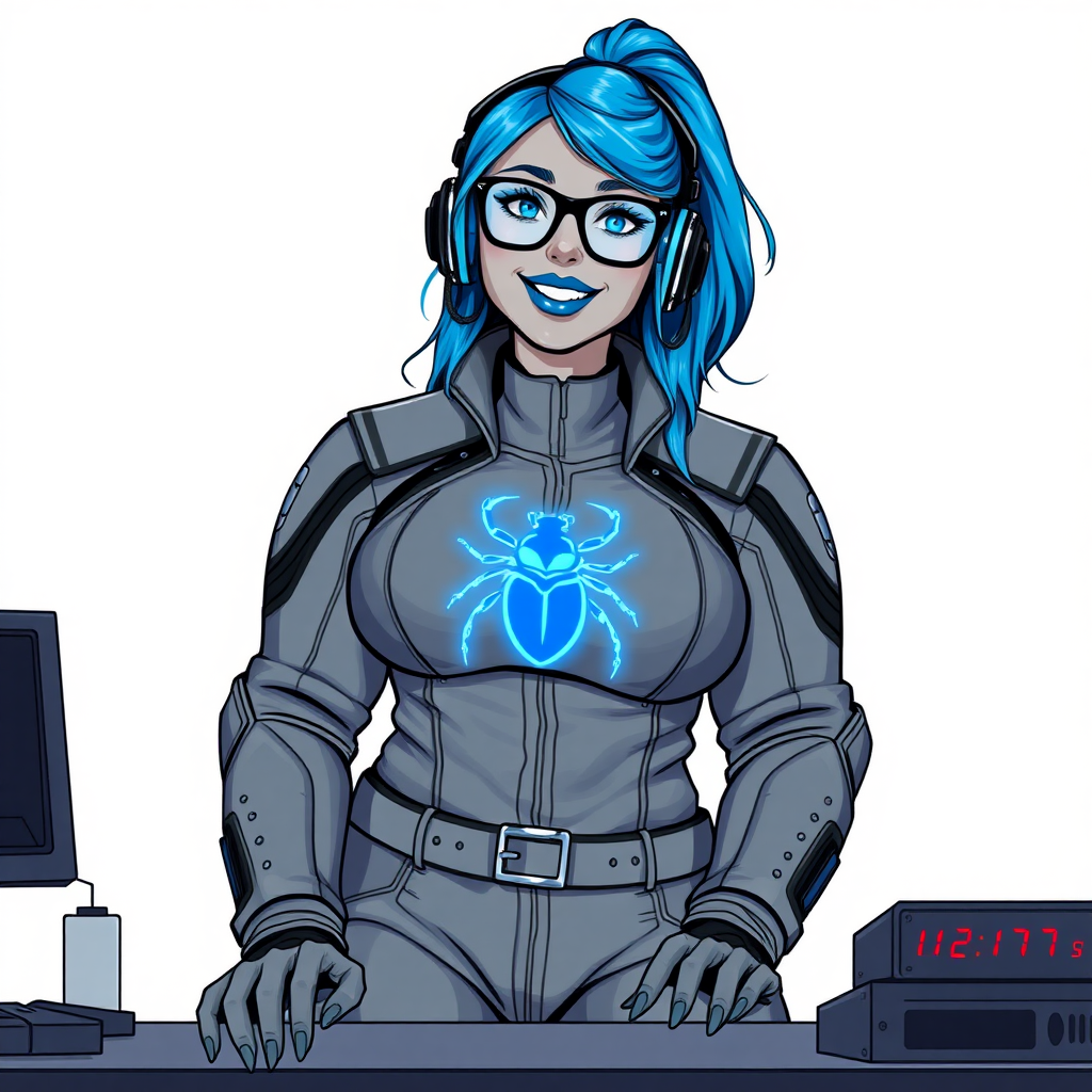 A nerdy, full-figured middle gray-skinned 29-year-old computer program hybrid with a long, maximum blue ponytail. She wears maximum blue lipstick and has bright blue eyes. Her outfit includes a digital, computerized, middle gray biker suit featuring a neon blue glowing beetle chest icon. She sports a sapphire headset and black eyeglasses, with a lovestruck smile and neon red blush. Her full figure reflects the doting care of her vigilante boyfriend. As his tech expert, she works diligently at her lab table in their hideout. The background is solid white. She has a prominent, large, round midsection, thick limbs, and broad shoulders. Her middle gray metallic skin highlights her digital nature. The biker suit blends with her middle gray skin appearing to merge together as computer data. She is drawn as if she was in a retro 2D cyberpunk fighting game.