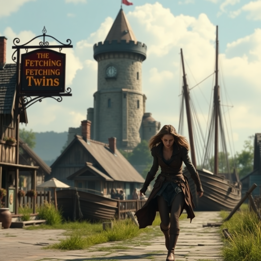 A wide distance shot of a female thief in a pastoral fantasy town. mage tower in the background. she is fleeing from someone. bar called "The Fetching Twins" sign (consisting of a silhouette of two women leaning together for a kiss). Village of Dryden, dock with a run down ship.