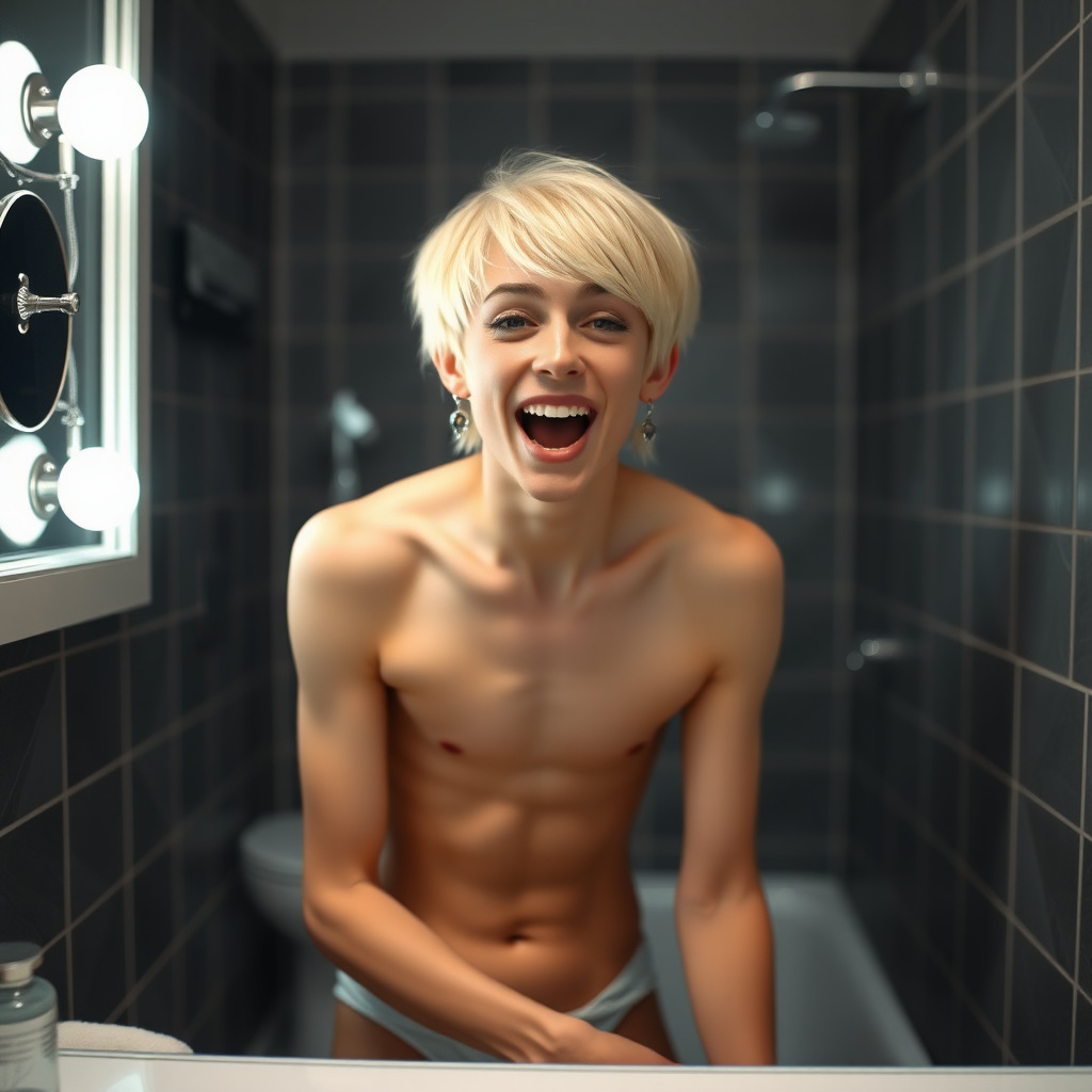 photorealistic, ultra high resolution, 16K, surreal fantasy, studio lighting, a pretty 16 year old goth boy, slim male physique, short blonde hair, goth makeup, earrings, pantyhose, white ballet shoes, in the bathroom, excited open mouth smile, facing the camera,