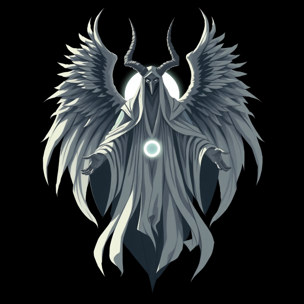 (Anime Pixel-styled art) Black background, a haunting godly-powerful angelic figure known as Yaldabaoth, the Demiurge, hovers ominously in mid-air. His tall, ghost-like form exudes a spectral presence, draped in flowing white-and-black robes that billow with an ethereal energy. His entire face is veiled by a strange and eerie, pure white circular light, from which a single eye symbol glows faintly in its center, casting an unsettling aura. Four large, menacing horns crown his head, giving him an air of divine yet terrifying power. Behind him, four angelic wings, majestic and shadowy, spread wide—simultaneously invoking grace and fear. His outstretched hands seem to beckon with an unknown purpose, completing his full-body, otherworldly presence in the dark expanse.