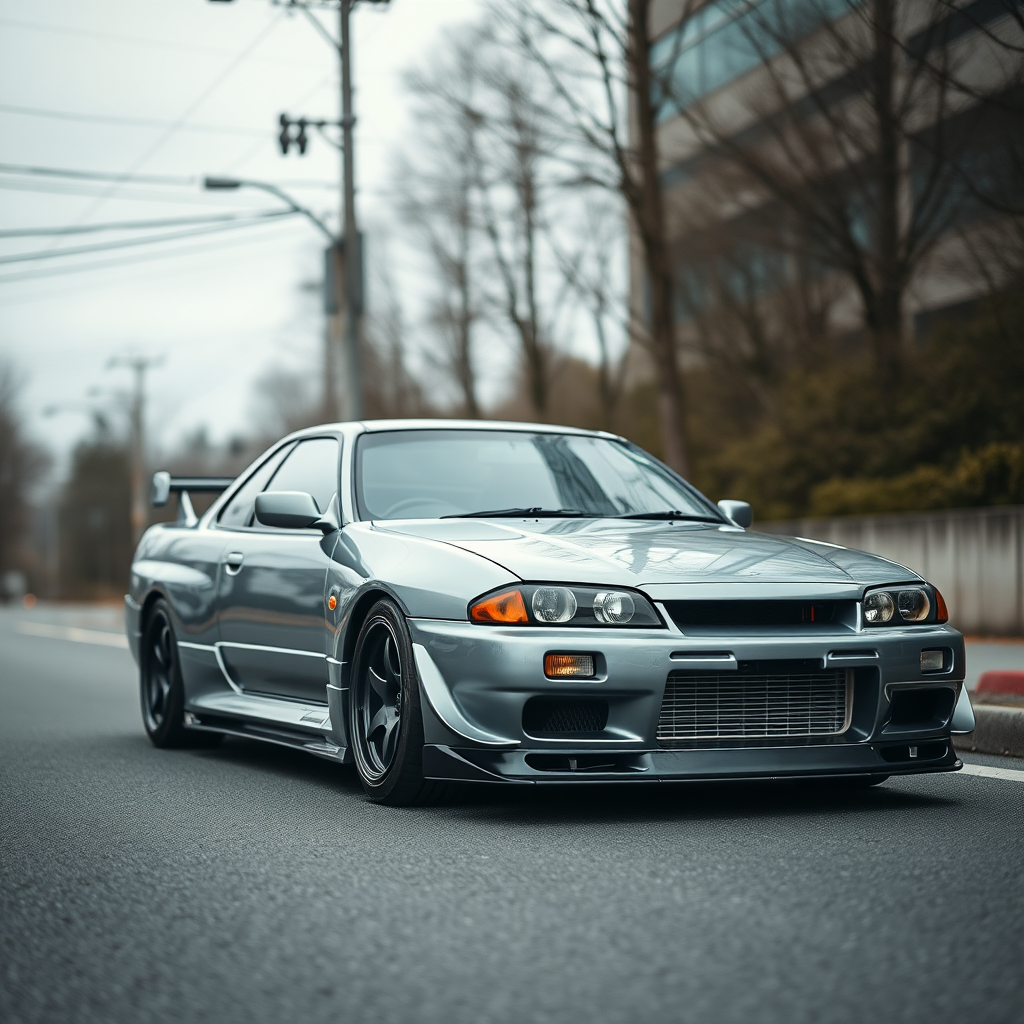 The car is parked on the side of the road, inspired by Taiyō Matsumoto, tumblr, restomod, nd4, c4 metallic shine gray black nissan skyline r34 kalabalik tokyo gece arkaplan en ayrıntılı detaylar