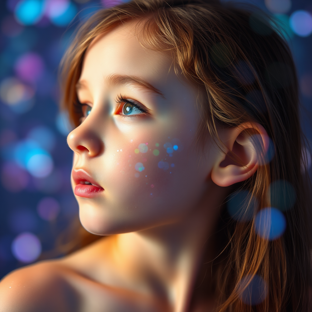 young preteen girl in profile, dreamscape, nebula, Bokeh, abstract, brilliant colors, glittering, translucent, mother of pearl, opal, iridescent, natural skin, glowing, artistic photo, wide angle, cute, interesting, microscopy, underwater, airy, original