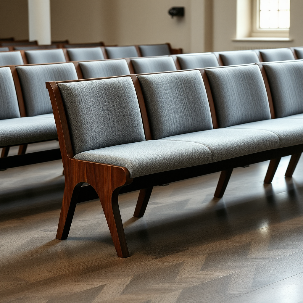 in a church benches in grey fabric and dark wood frame