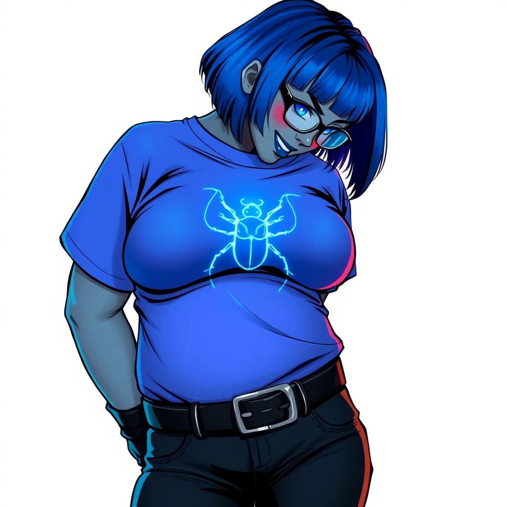 A 28-year-old, full-figured, metallic middle gray skinned cyberpunk computer program hybrid with a short maximum blue bob cut. She has a non-athletic build, highlighted by a prominent, round midsection (with a focus on her round belly). As a digital sidekick to her cyberpunk vigilante boyfriend, her middle gray metallic skin and maximum blue lipstick emphasize her digital nature. She wears a huge, tight-fitting, maximum blue t-shirt (accentuating her belly) with a neon blue glowing chest icon of a beetle, black pants, a black belt with a neon blue glowing beetle buckle, and black gloves. Her bright blue eyes, black eyeglasses with lenses glowing bright neon blue, and shy smile with neon red blush accentuate her nerdiness. She bashfully bows her head (while still facing the screen) with her hands behind her back, her t-shirt covers her midsection (especially her belly) and emphasizing her full-figured, non-athletic physique. She is on a solid white background. She is drawn as if she was in a retro 2D cyberpunk fighting game. She is clearly non-athletic, with a focus on her full figure. Make sure her outfit covers all of her bare skin (especially her midsection).