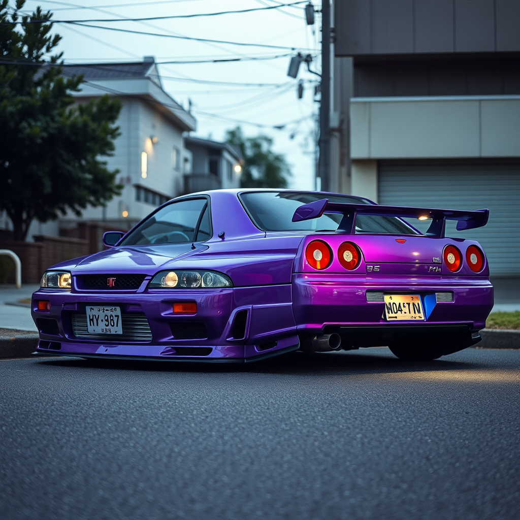 the car is parked on the side of the road, inspired by Taiyō Matsumoto, tumblr, restomod, nd4, c4 metallic shine nissan skyline r34 hard light