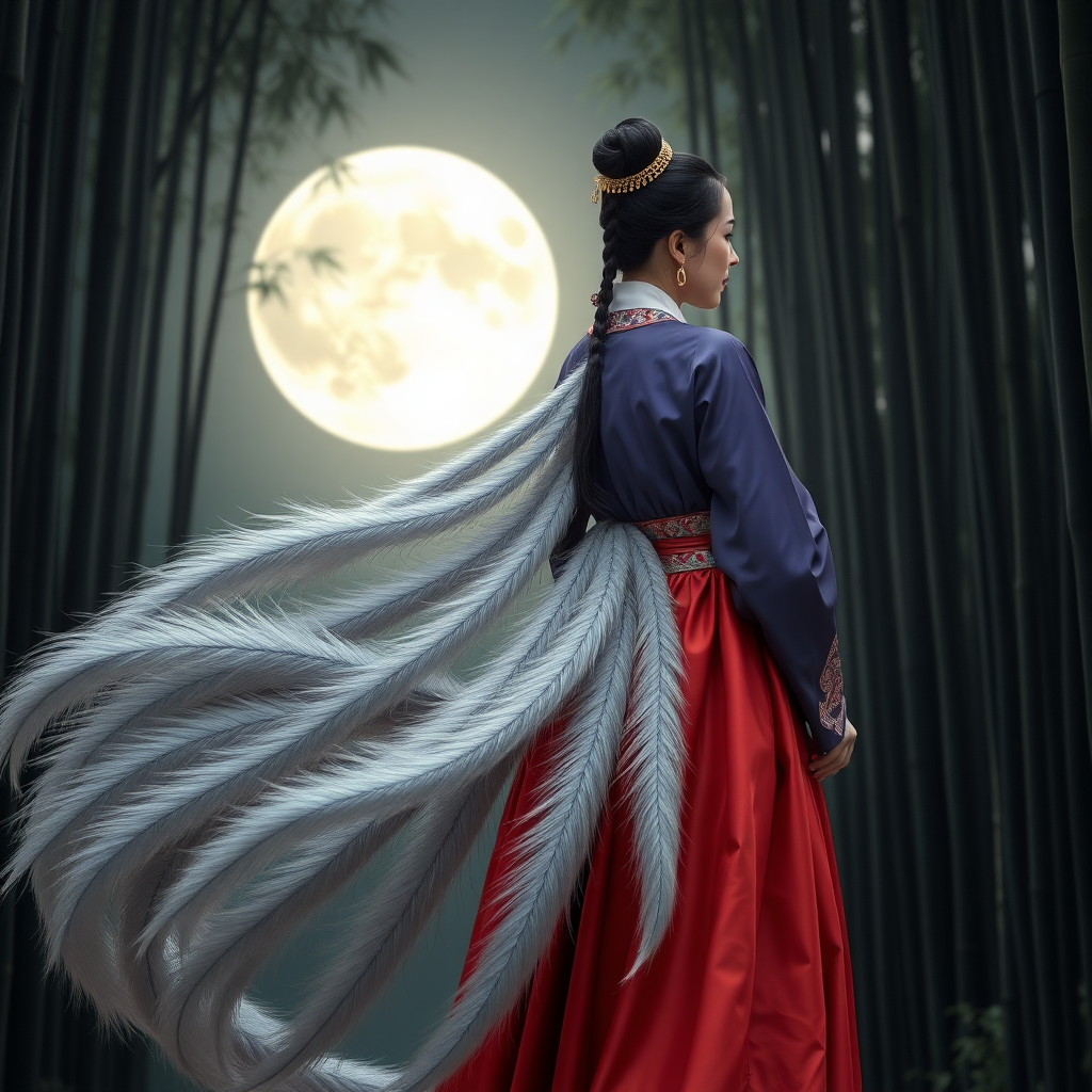 A Korean Woman in an ancient Hanbok with nine one meter long silver foxtails that comes off her ass, in front of the full moon in a bamboo forest.