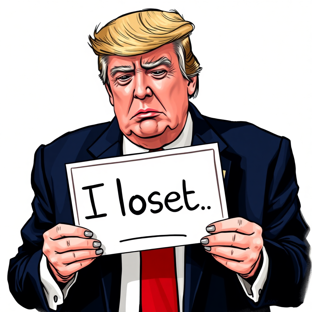 crying Donald Trump holding a sign saying "I lost"