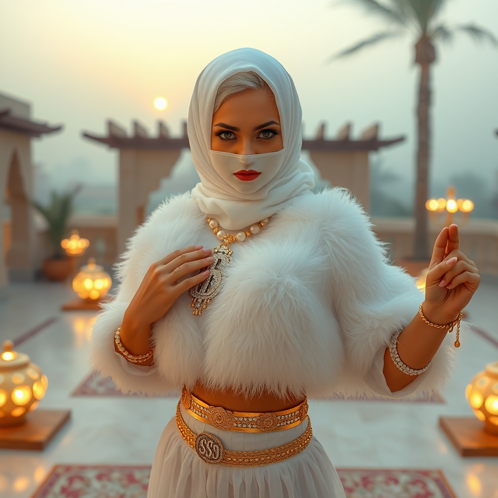 Kuwait desert palace harem patio misty dawn: Melissa, European 17 years old very convincing femboy “trophy-bimbo”, tamed servile docile, very beautiful feminine flawless face, rather short, by hormones very curvaceous womanly figured, platinum blond short tight curls, heavily made-up eyes, wearing Supertanya-style fluffy very fuzzy bright white angora turtleneck-poncho cropped ending under bust decorated with pearls and gemstones, striking oriental wide gold bridal protection belt, white fully transparent harem pants, full Oriental bridal jewelry, face covered by white sheer full Burka, coin anklets, striking diamond “$$$” letter brooch on left chest, pout frustrated, seductively dancing for the sheik, looking at camera. Focus on face and turtleneck-poncho.