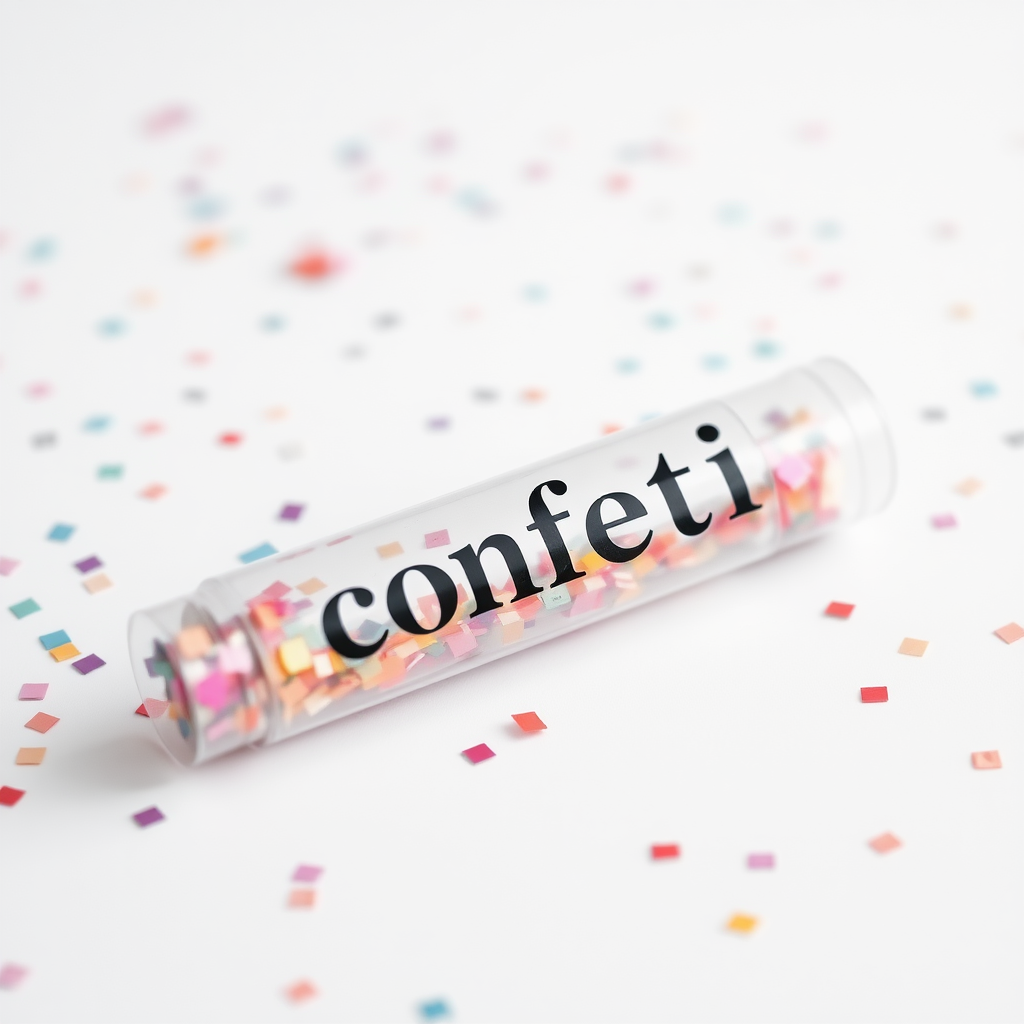 A photo of a fat transparent plain confetti popper tube with confetti inside and with text "confetti" on it, lying flat at an angle, with confetti around it, white background, distant confetti blurred, white bold text with a black border.