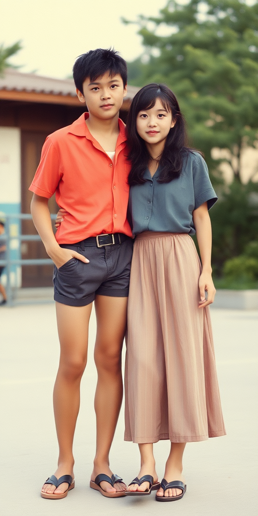 Vintage photo, 1980s. Hot summer. Korea. Tall 14yo teen boy wearing short shirt, tight booty shorts, long legs, bare thighs. With a girl wearing shirt, long skirt. Full length view.