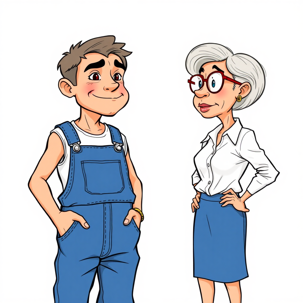 20 year old european skinny boy wearing work overalls is blushing excited while listening to a towering 55 Years old, European, Latina, sharp aquiline nose, wrinkles, high cheekbones, Middle Eastern, Skinny, Tanned skin, Dark light skin, Rounded Medium breasts, Skinny thighs, full Makeup, jewelry, Serious face, Sharp nose, blushing, Ash hair, short bowl haircut, Brown eye color, Glasses, with detailed features. Hands on hips; She is watching the boy, she is wearing a white shirt and a blue skirt, detailed fabric. full body, high heels sandals, long establishing shot, 2D, caricature, cartoon, Sketch lines, coloring book, black and white, coloring book style on white background, well composed, clean coloring book page, No dither, no gradient, strong outline, No fill, No solids, vector illustration.