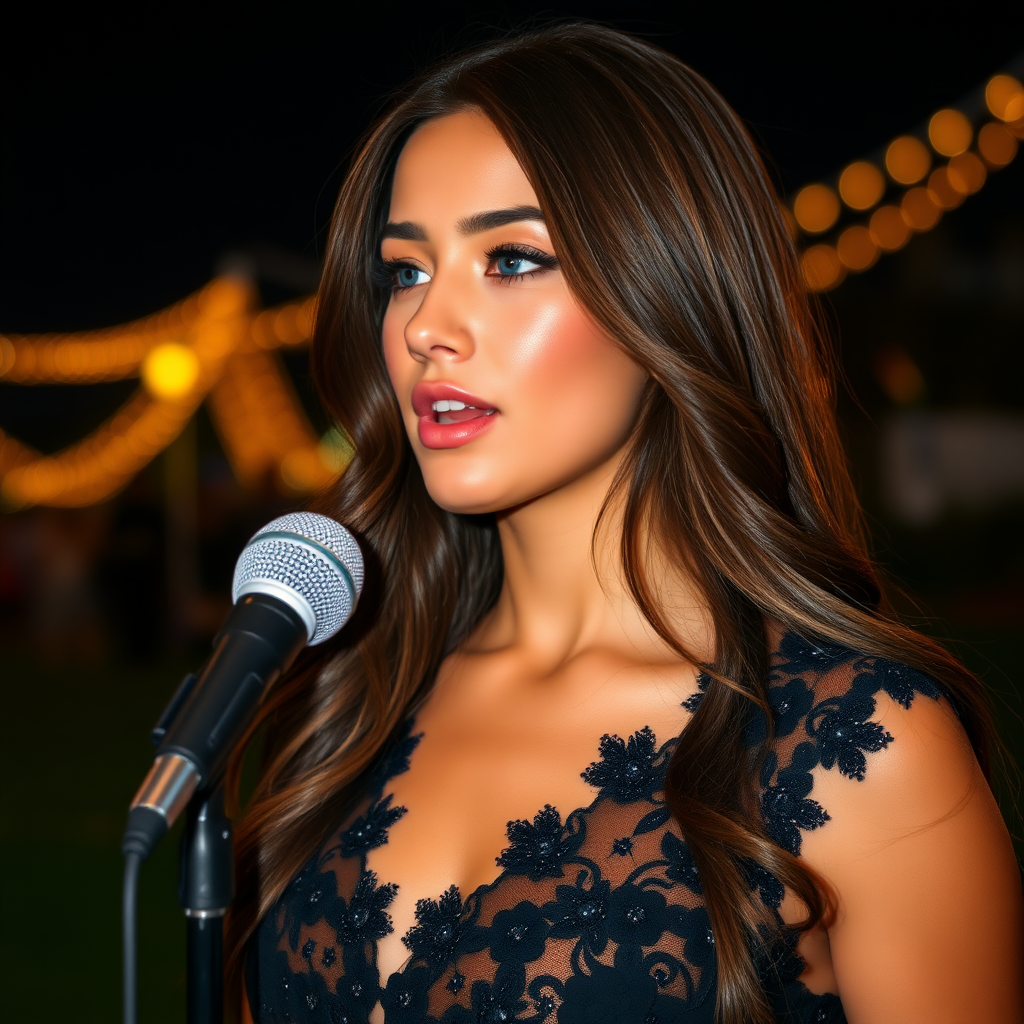 a young woman singing. long brunette hair with highlights, bright blue eyes. suntanned skin. small lips colored pale rose. looking to the side. wearing an elegant black dress with transparent lace. view from far. night sky in background. photo