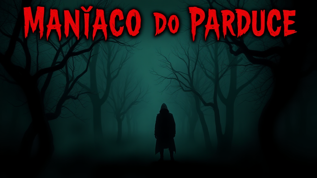 Create a YouTube thumbnail (1024x576) featuring a dark, foggy park scene. In the foreground, a shadowy figure lurks among twisted trees, creating a sense of dread. Use a gradient background of deep greens and blacks to enhance the eerie atmosphere. Place the title 'Maníaco do Parque' prominently at the top in a bold, horror-style font with a blood-red outline for emphasis. Add subtle textures like cracks or shadows to create depth, ensuring the overall design conveys a sense of psychological horror.