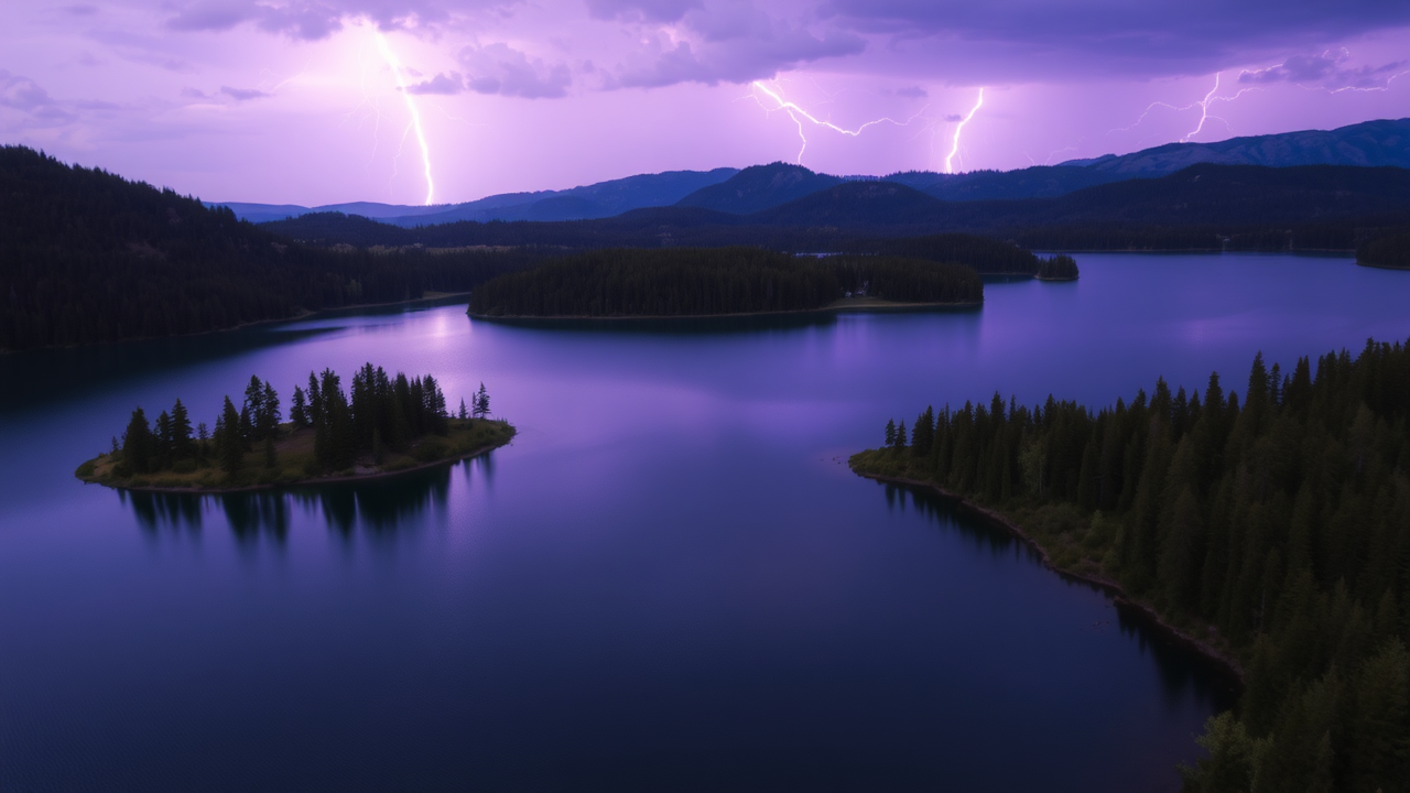 photo, lakes, nature, purple sky, lightning