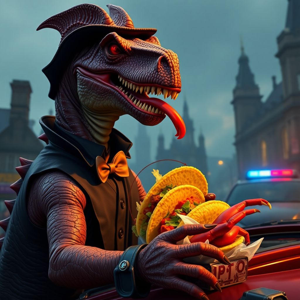 A vampire dinosaur selling tacos in Victorian England, tacky, grand theft auto, crabs