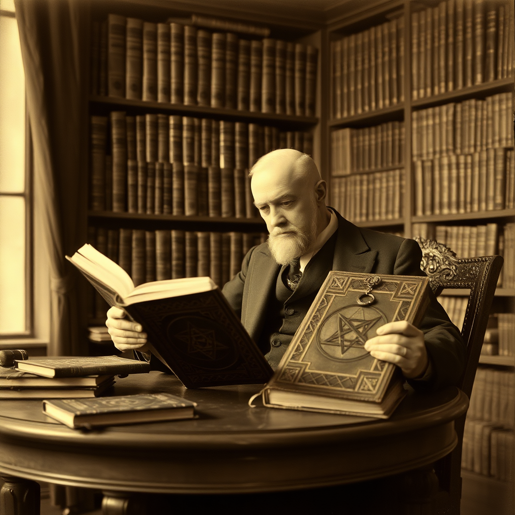 highly detailed sepia toned real photograph from the 1920's of Aleister Crowley sitting at a table in a library filled with old leatherbound occult books, he is reading from a large leatherbound tome that has a pentagram embossed on its front cover