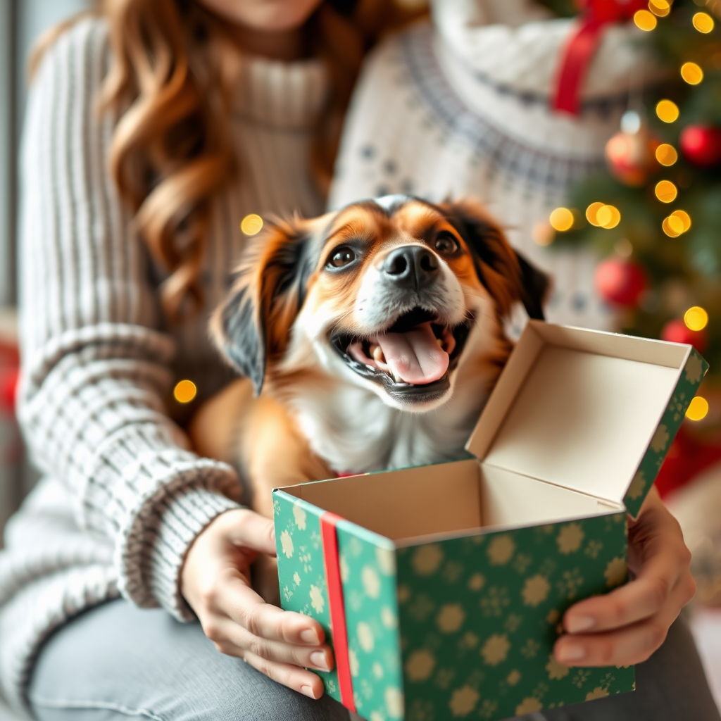 The dog is very happy to receive a gift at Christmas. A woman is holding the dog, and the gift box has no lid.