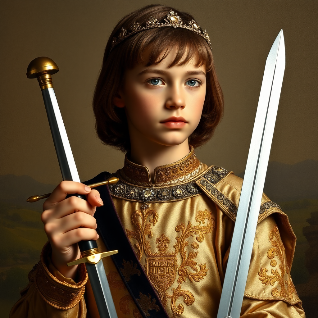 16yo teen boy prince holds his one small sword in a scabbard in his right hand by the hilt, long bob cut, embroidered with gold and diamonds medieval cloths, diamond diadem, and Beautiful War, natural Skin Texture, visualization of embossed Skin using the play of light and shadow. Free style by 50% Adolphe William Bouguereau and 15% Sandro Botticelli and 35% Otto Lomüller, The background is in the style of landscape style by Antonio del Polaiolo. Studio lighting, professional lighting. Generating the signature at the bottom: FluxBach. ultra high resolution, 16K,