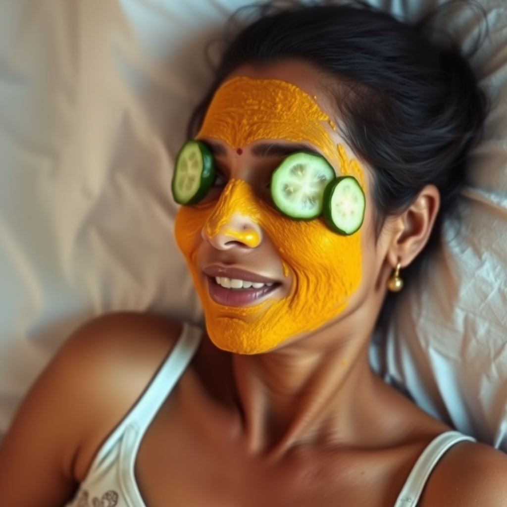 A skinny, traditional, 30-year-old Indian wife with hair covering, wearing a bra, lying on a bed. Her face is covered with a turmeric face mask, and her eyes are covered with cucumber slices. She looks satisfied from her facial expression.