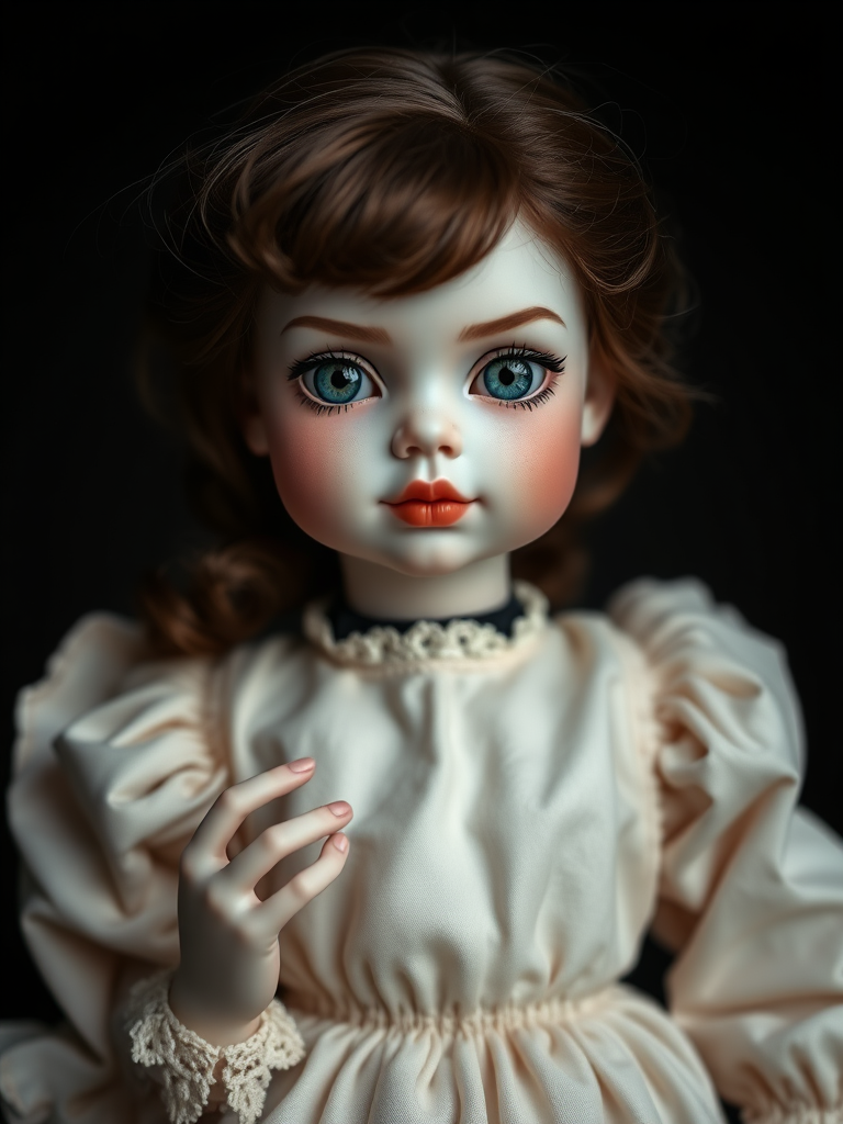 ooak art doll, artist doll, realistic doll, life-like porcelain doll, unique personality, stunning eyes, bisque doll, portrait photography, low key lighting, dept of field, studio photography, full body shot, posing, cool smirk