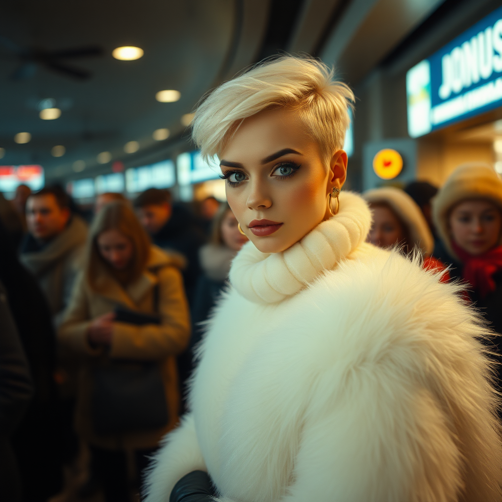 1990 winter evening, crowded cinema lobby: Sam, 19 years old beautiful involuntary femboy, rebellious intractable character, petite boyish figure, platinum blond boyish rebel punk hairstyle, flawless heavily made-up face with sharp arched tattooed eyebrows, wearing Supertanya-style fluffy very fuzzy bright white angora long turtleneck-poncho fully covering body and arms, black leather high-heeled thigh-high boots, gold earrings, puzzled alarmed, pout serious, impatiently waiting for her master. Focus on Sam’s face and turtleneck-poncho.